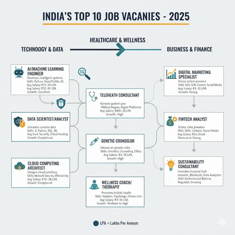 Flowchart illustrating the top 10 job vacancies for 2025 in India, showcasing key roles, skills, salaries, and growth prospects in sectors like AI, data science, cybersecurity, healthcare, and more