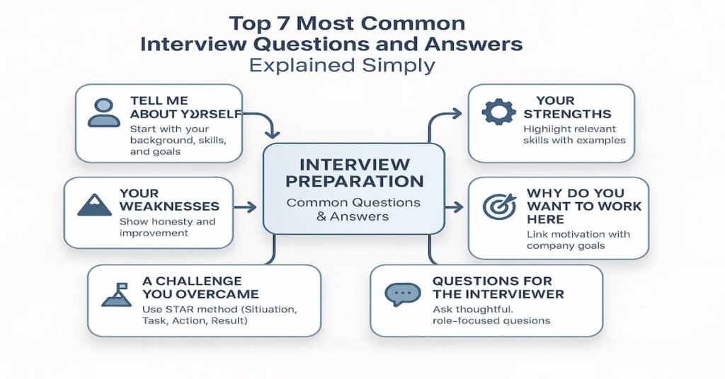 Flowchart infographic showing the top seven most common interview questions and how to answer them simply — from self-introduction to strengths, weaknesses, motivation, goals, challenges, and questions for interviewer