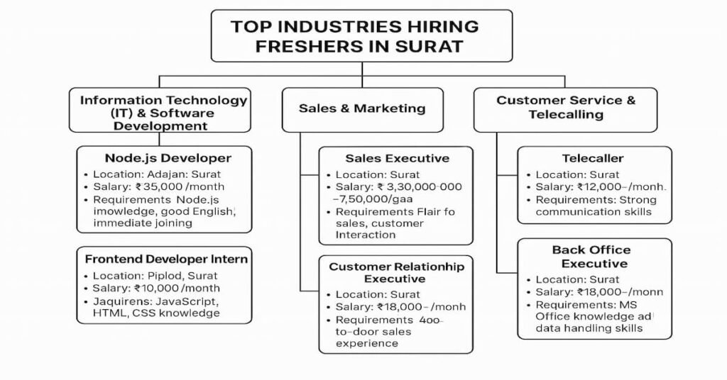 Flowchart representing top industries hiring freshers in Surat, with details on job roles, salaries, and requirements across IT, Sales & Marketing, Customer Service & Telecalling, and Data Entry & Back Office sectors