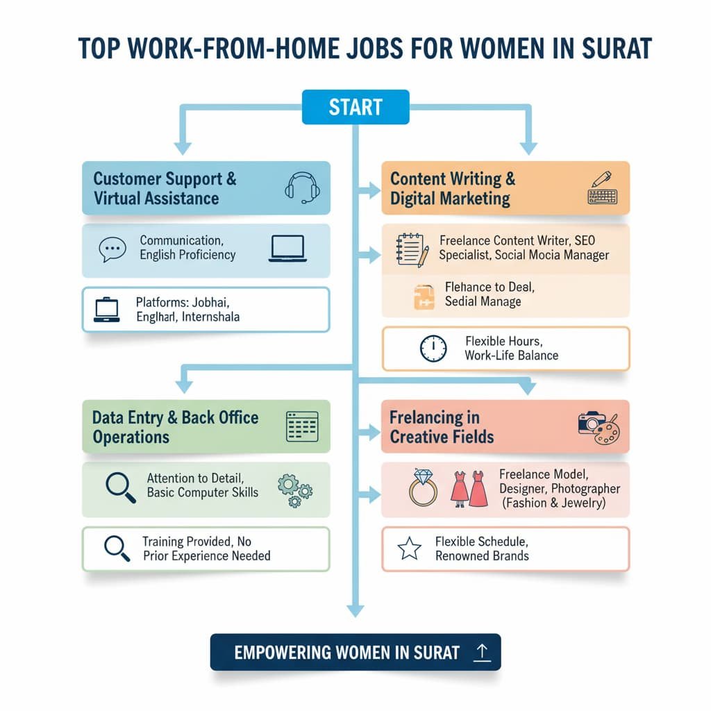 Flowchart depicting top work-from-home job opportunities for women in Surat, including customer support, content writing, data entry, and freelancing in creative fields. Each job category is shown with relevant skills and platforms offering these roles.
