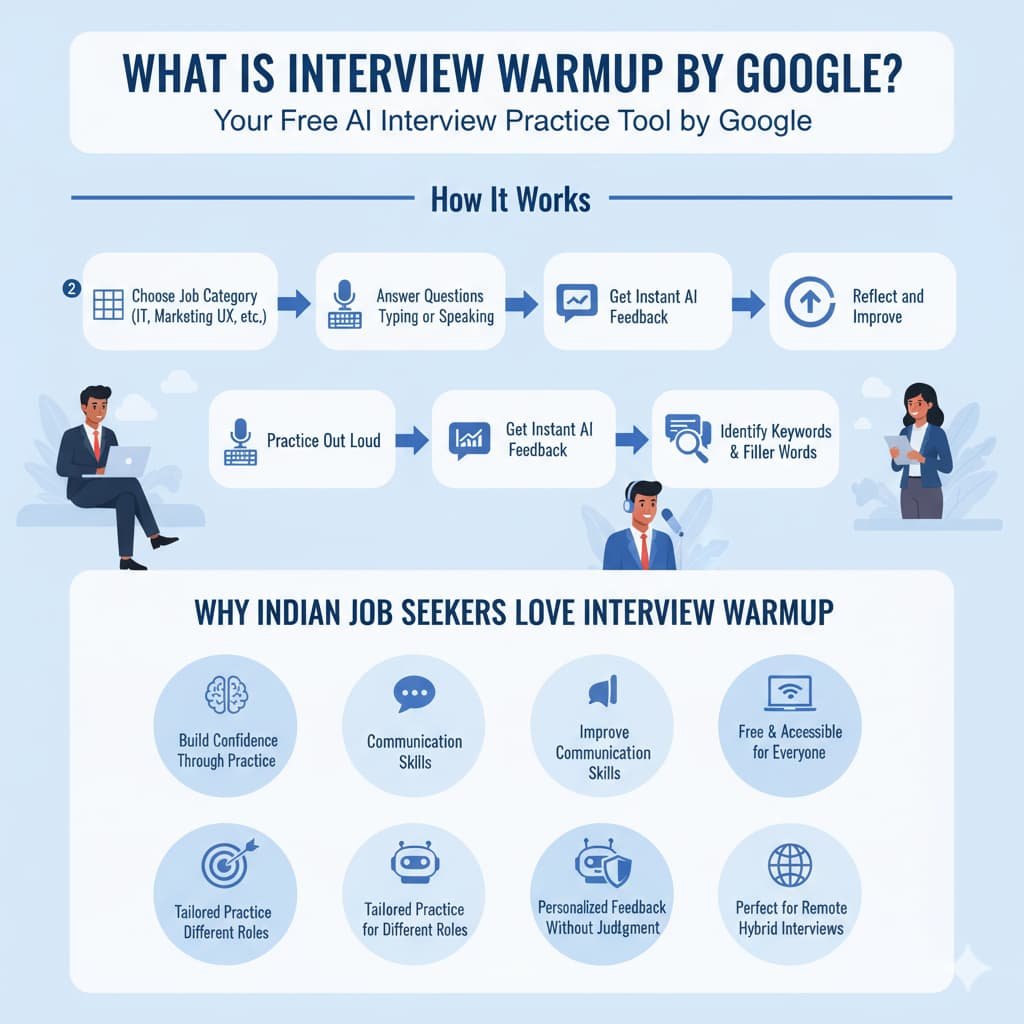 Infographic explaining what Interview Warmup by Google is and how it helps Indian job seekers, showing step-by-step use of the tool and six key benefits like confidence, communication, and free accessibility.
