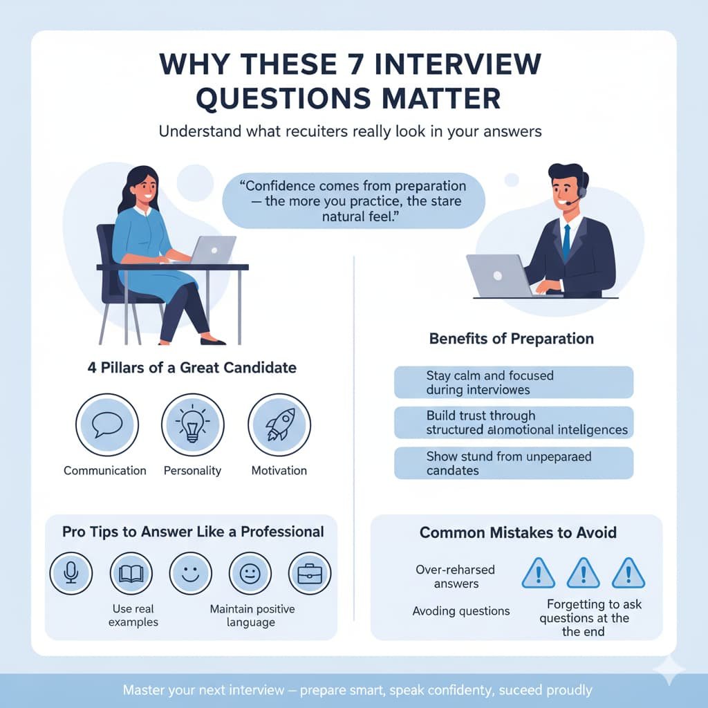 Infographic showing why the 7 most common interview questions matter, featuring four pillars of a great candidate, preparation benefits, pro tips, and common mistakes for Indian job seekers.