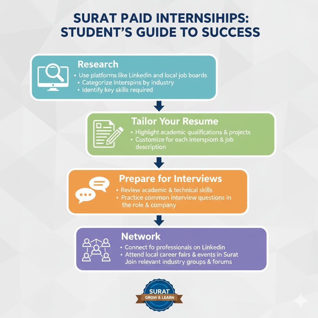 the steps to secure a paid internship in Surat: Researching opportunities, tailoring resumes, preparing for interviews, and networking