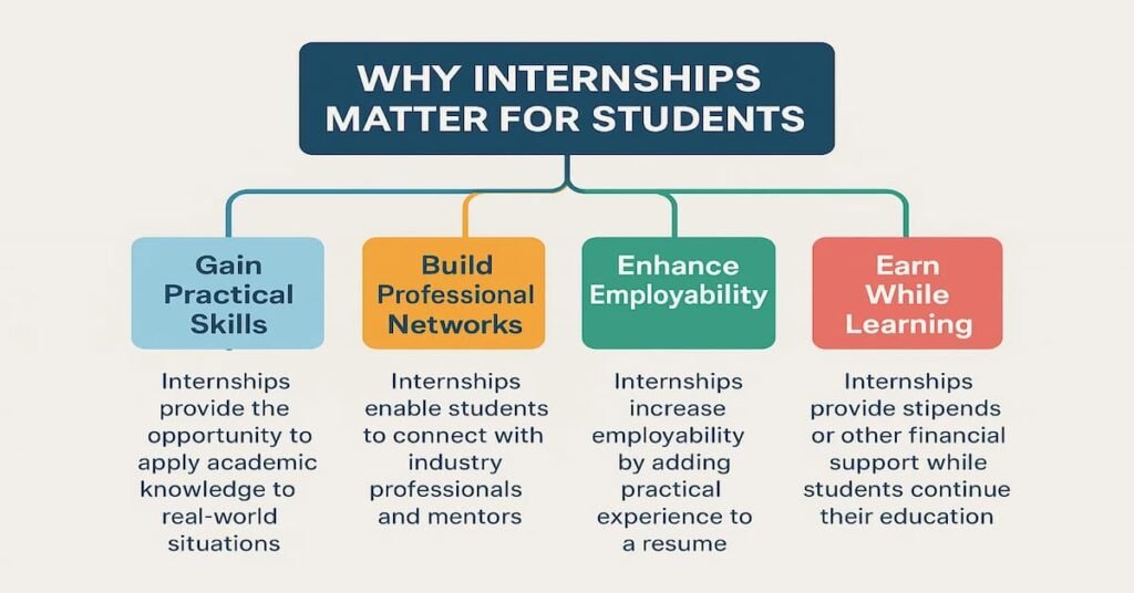 Flowchart illustrating the benefits of internships for students: practical skills, professional networking, enhanced employability, and financial support while learning.