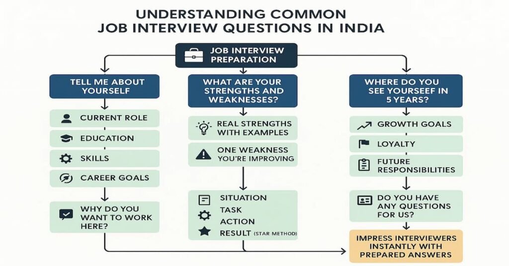 Flowchart showing the six most common job interview questions in India with key answer strategies for each — including self-introduction, strengths and weaknesses, motivation, career goals, challenges, and closing questions.