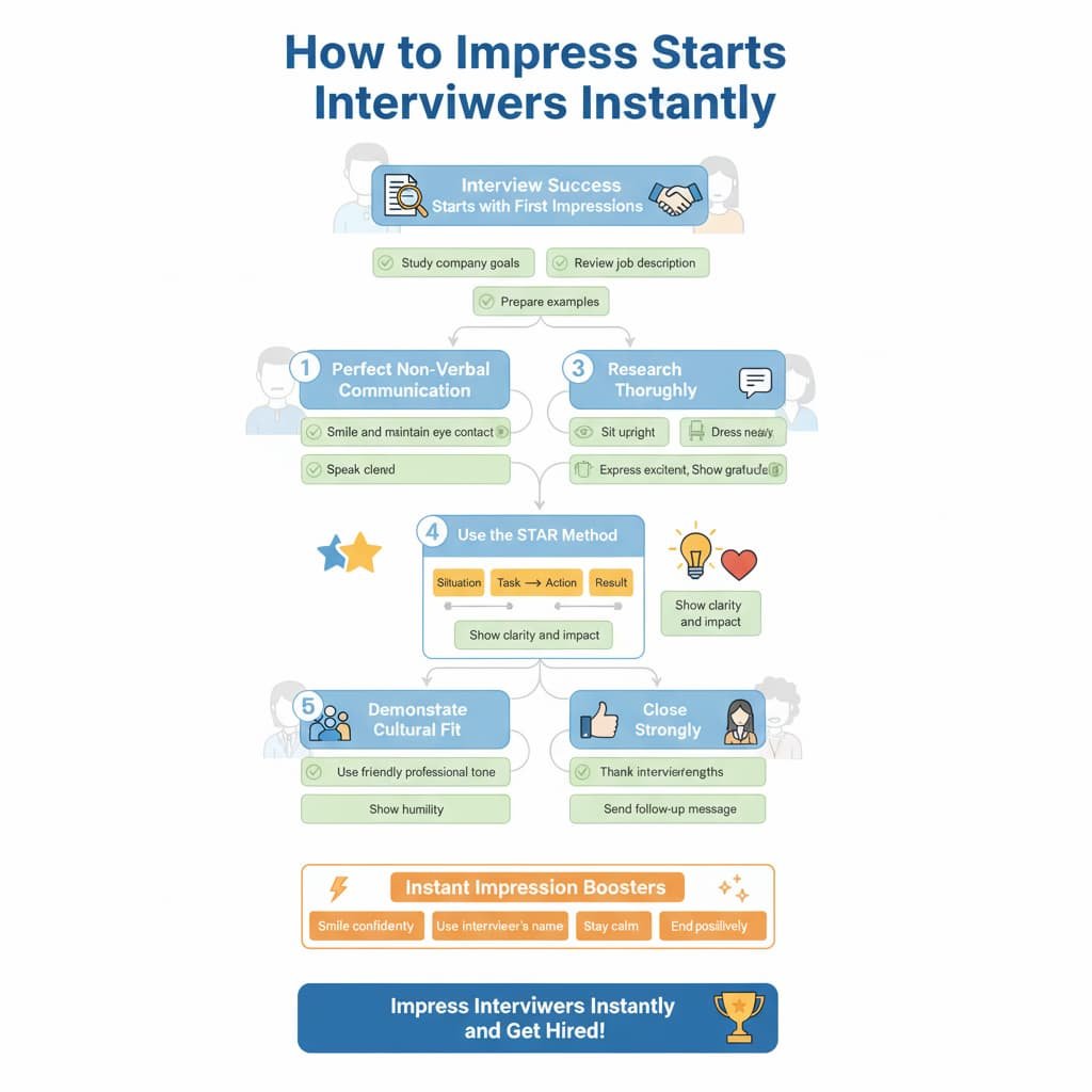 Flowchart showing six proven ways to impress interviewers instantly, including research, body language, STAR method, enthusiasm, cultural fit, and closing strongly, with visual icons and step-by-step flow.