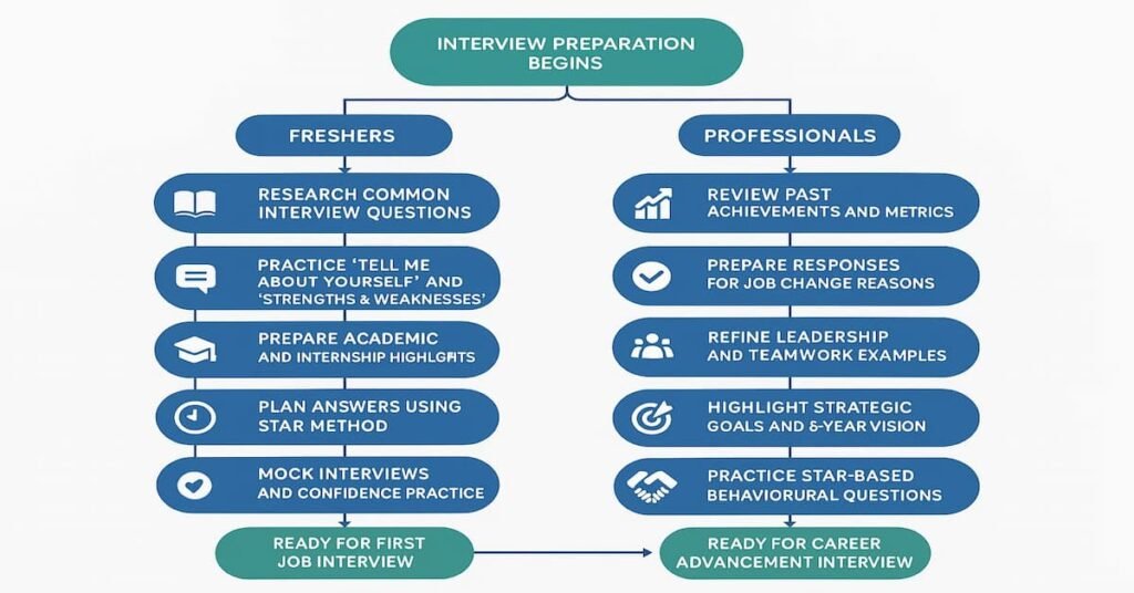 Flowchart showing interview preparation steps for freshers and professionals in India, including research, practice, STAR method, achievements, and confidence building.