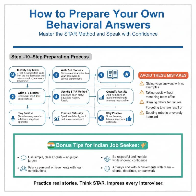 Infographic showing step-by-step preparation for behavioral interview answers using the STAR method, with common mistakes to avoid and bonus tips for Indian job seekers.