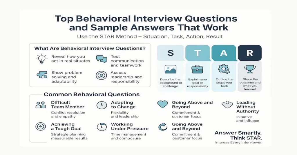 Infographic explaining top behavioral interview questions and how to answer them using the STAR method, including eight key examples and structured response flow for job interviews.