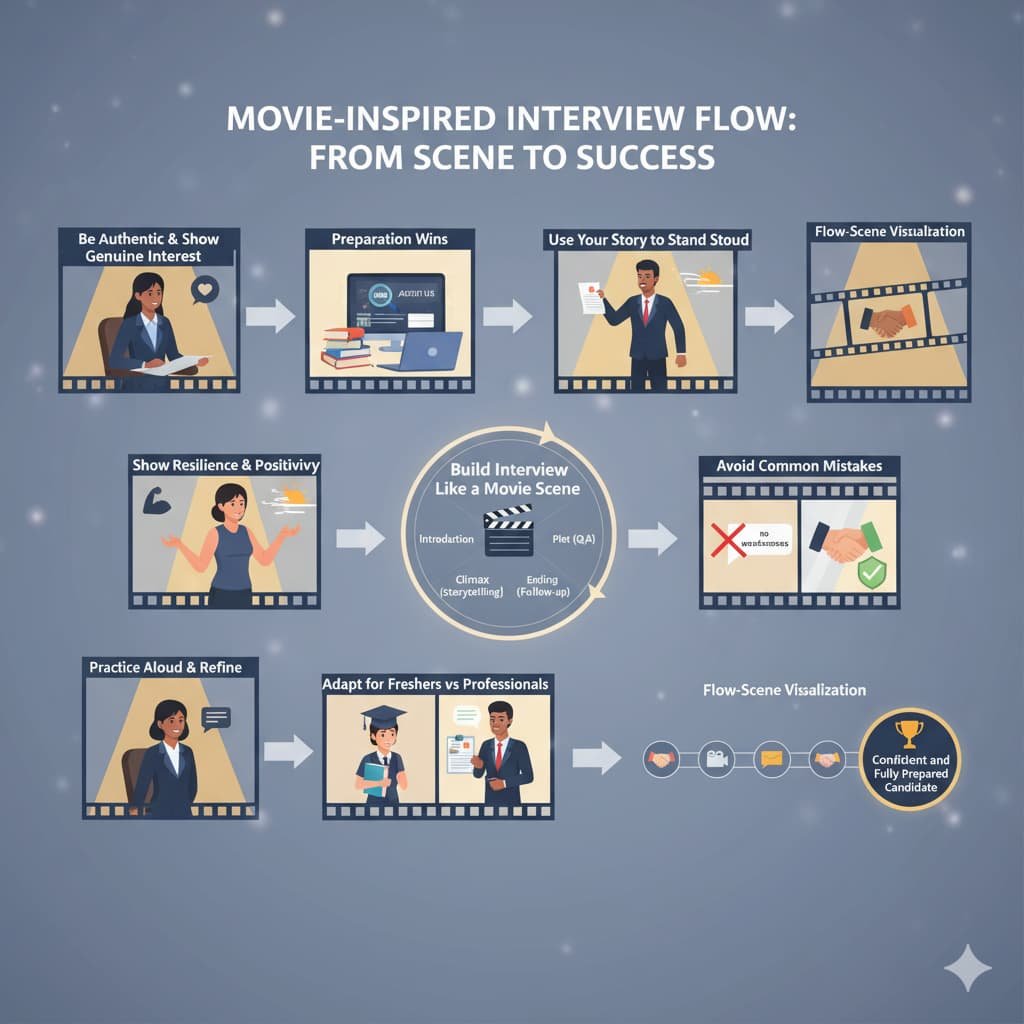 A cinematic infographic-style flowchart showing stages of interview preparation inspired by movie scenes — including authenticity, preparation, resilience, storytelling, and practice — represented with diverse Indian candidates and film-themed icons in a professional blue-and-gold color scheme.