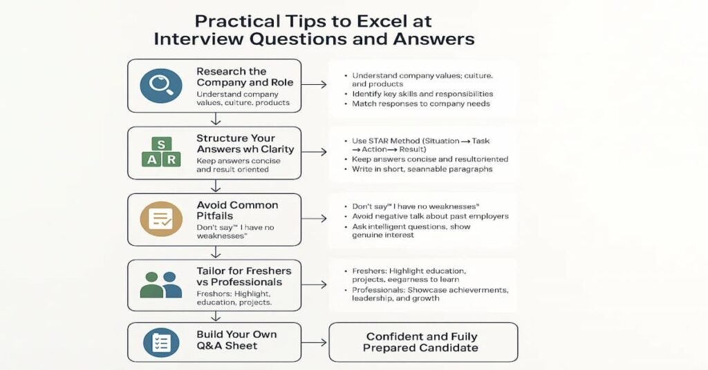 Flowchart showing practical tips to excel at interview questions and answers, including research, structured answers, practice, avoiding mistakes, and personalising responses for freshers and professionals.