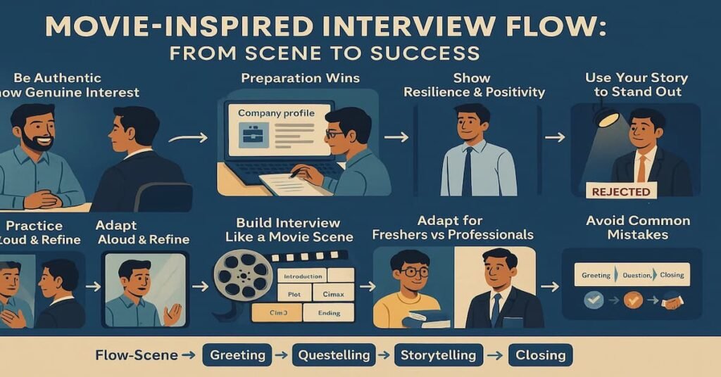 A cinematic infographic-style flowchart showing stages of interview preparation inspired by movie scenes — including authenticity, preparation, resilience, storytelling, and practice