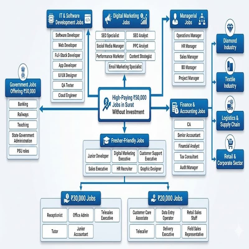 Flowchart showing high-paying ₹50,000 per month salary jobs in Surat without investment, including IT jobs, digital marketing roles, managerial positions, finance careers, fresher-friendly jobs, government jobs, and additional ₹30,000 and ₹20,000 salary roles across multiple industries.