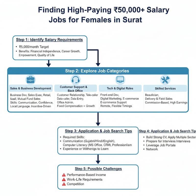 Flowchart outlining the steps for females to find ₹50,000 per month salary jobs in Surat, including key job categories, employer requirements, and application tips.