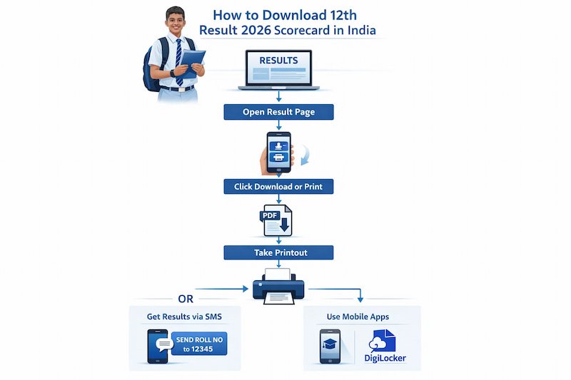 Flowchart showing steps to download 12th Result 2026 scorecard online in India including PDF download, printout, SMS, apps and DigiLocker methods