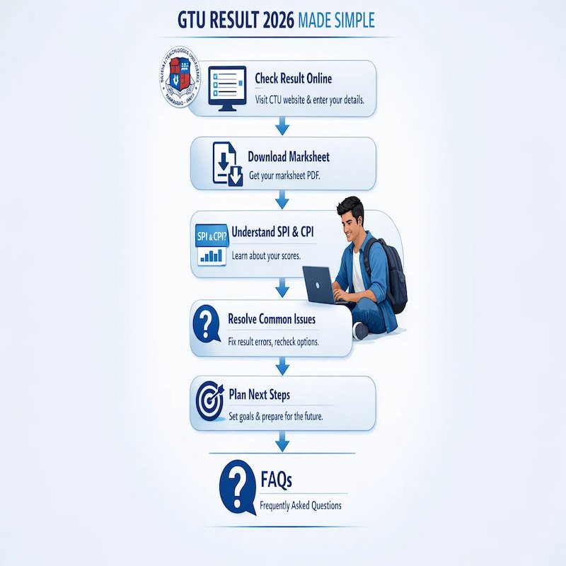Infographic showing GTU Result 2026 process including result checking steps, marksheet download, FAQs and student guidance for Gujarat Technological University