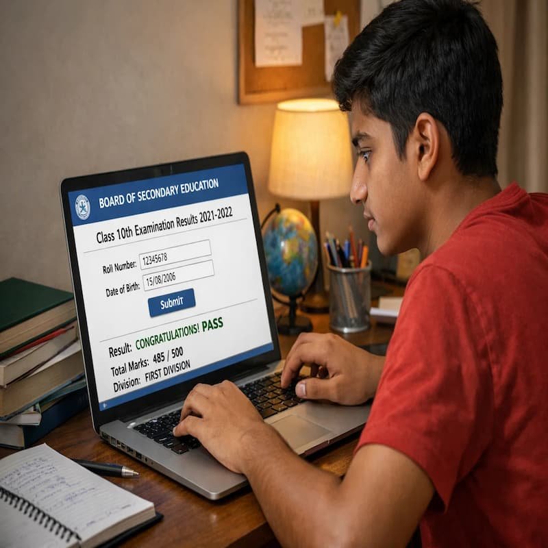 Student checking 10th Result 2026 online on official website in India using laptop