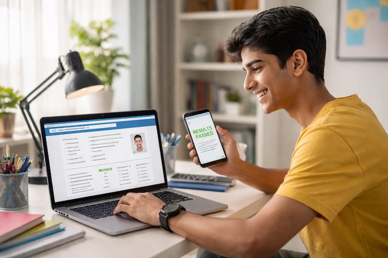 Student checking 12th Result 2026 online in India using mobile and laptop on official result website